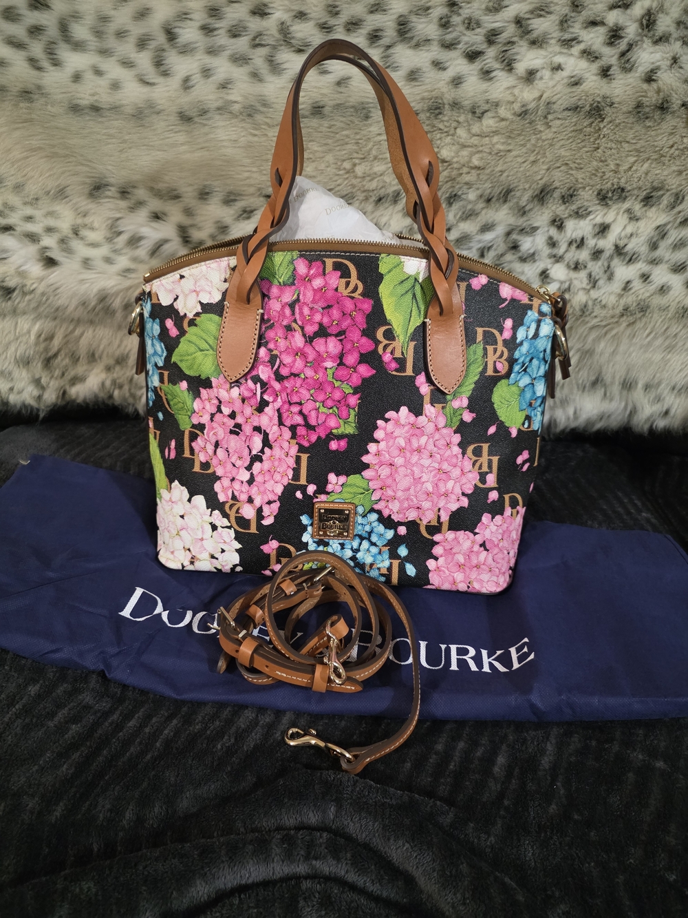 Dooney & Bourke Black Floral Hydrangea Tote with Tan Trim